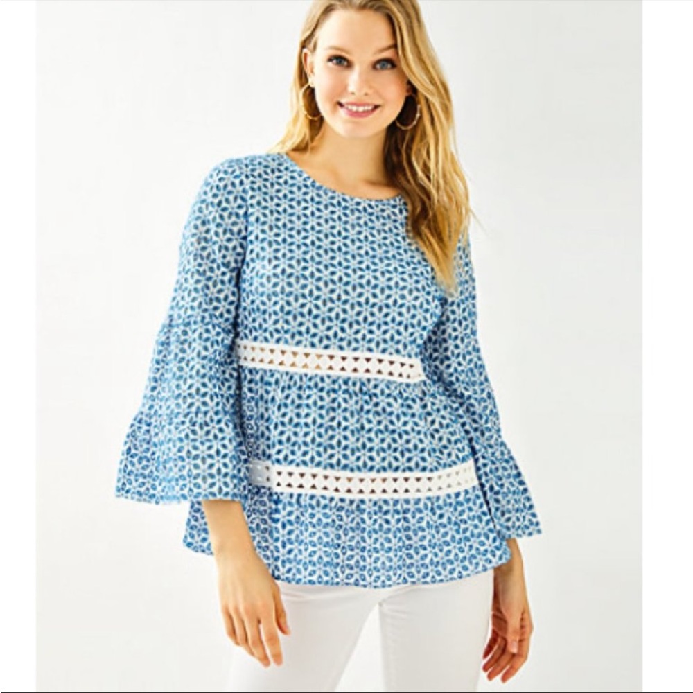 Lily Pulitzer Zazie Eyelet Cutout Bell Sleeve Top Blouse Sz Small Boho